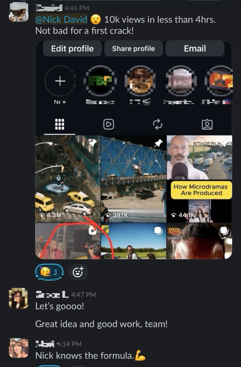 Team chat message reporting 10,000 views in under 4 hours